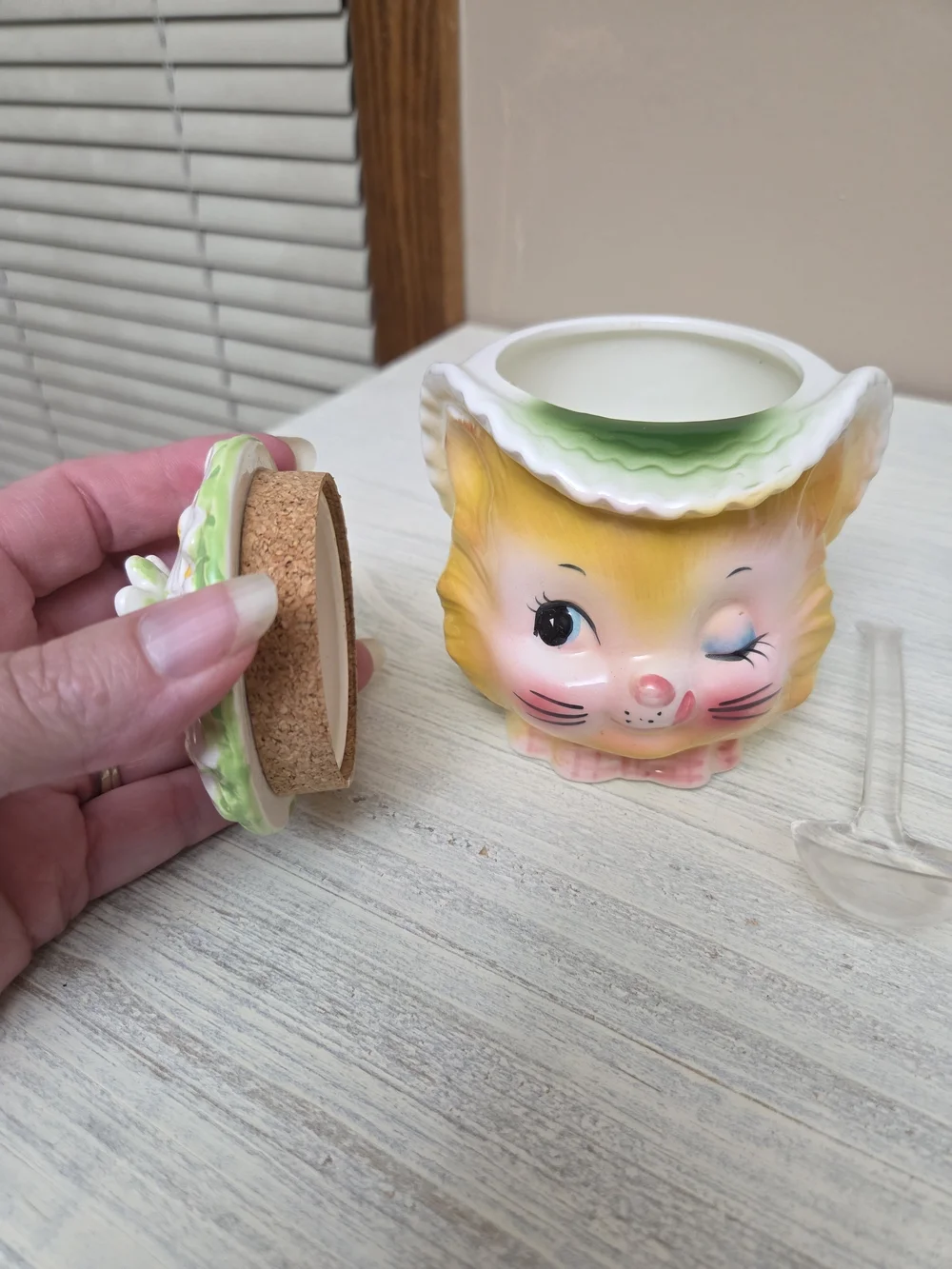 Vintage Enesco  Winking Kitty Jam Jar with Daisy Lid - Yellow & Pink